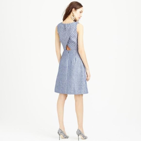 Ann Taylor LOFT Blue Chambray Linen Chevron Stripe Sleeveless Open Back Dress - Picture 2 of 12